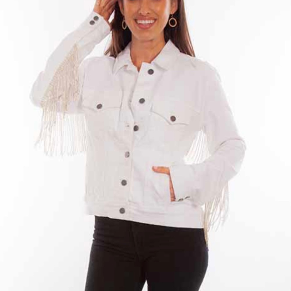 White denim fringe jean jacket